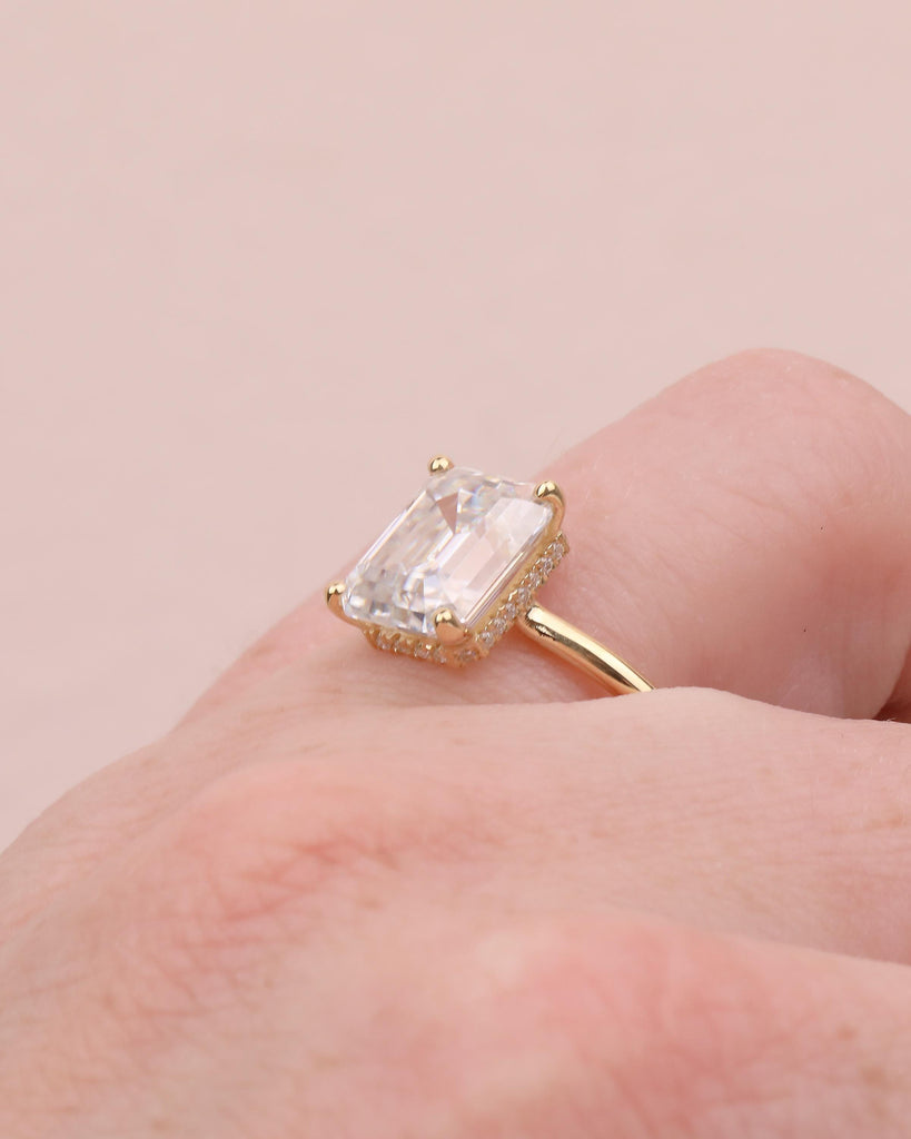 Emerald Cut Moissanite Ring, Solitaire Engagement Ring, 18k Yellow Gold Bezel Set Diamond Hidden Halo Promise Ring for Her, Wedding Jewelry image #4