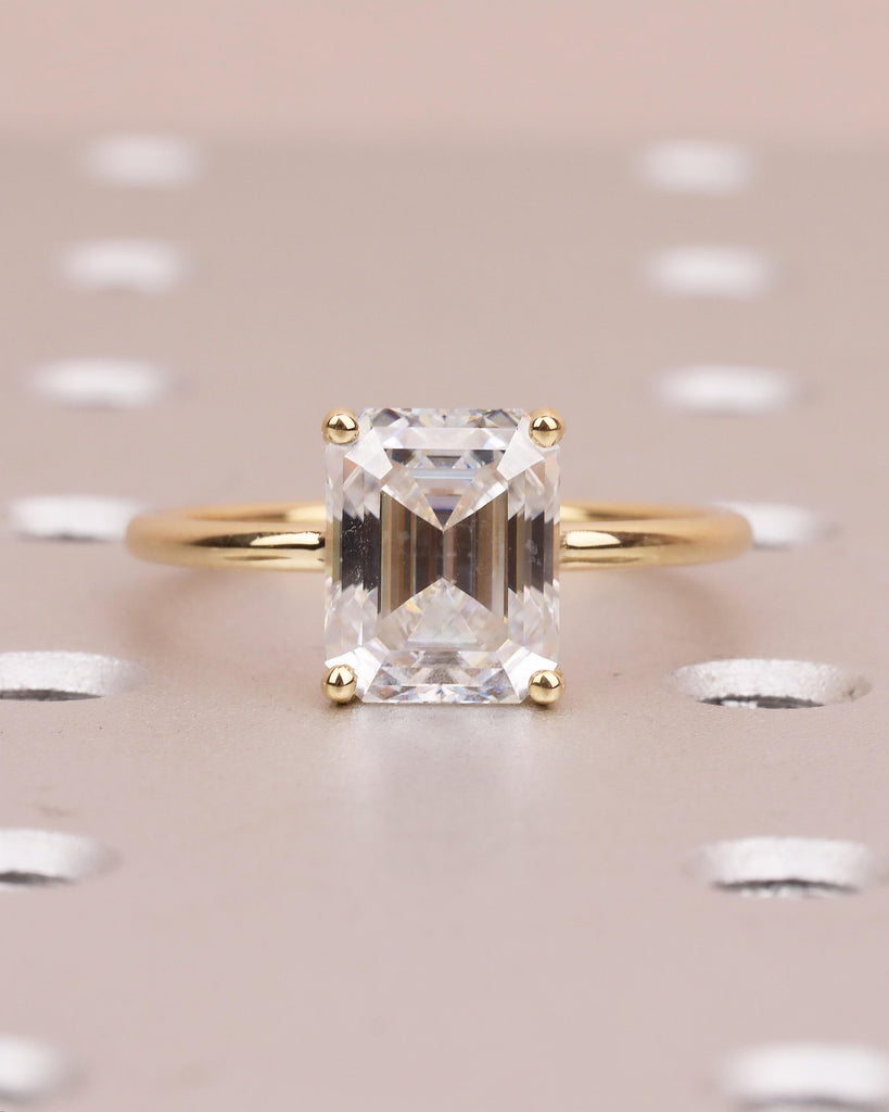 Emerald Cut Moissanite Ring, Solitaire Engagement Ring, 18k Yellow Gold Bezel Set Diamond Hidden Halo Promise Ring for Her, Wedding Jewelry image #13