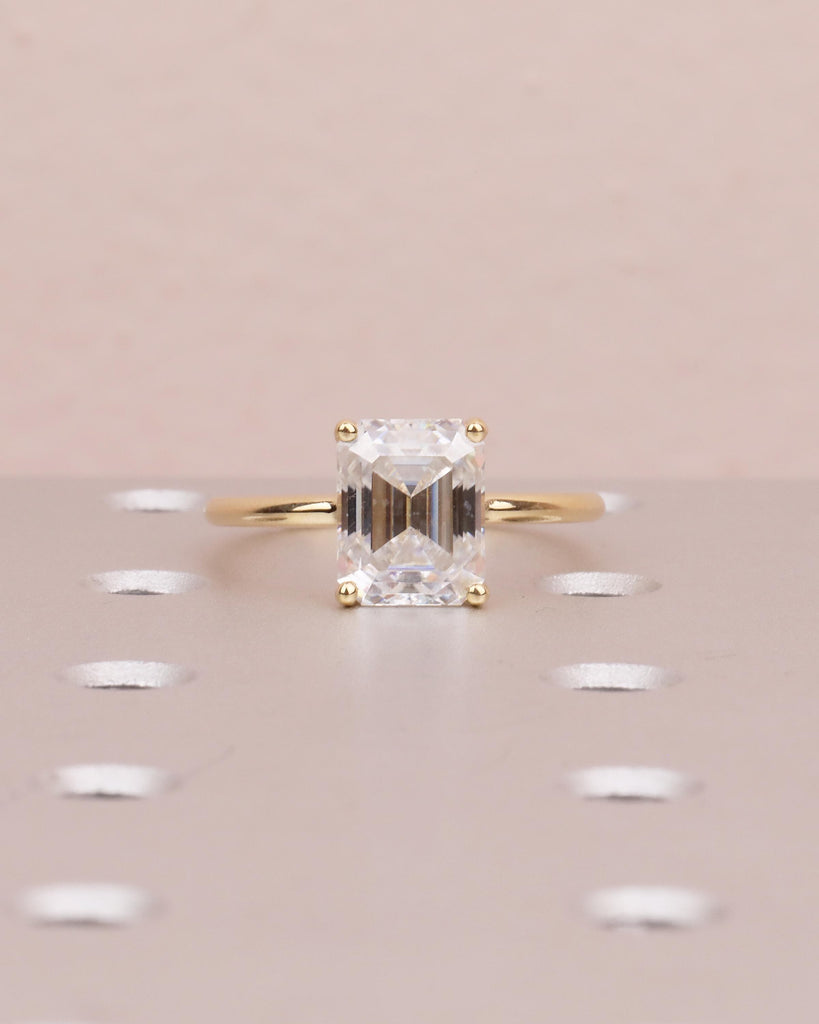 Emerald Cut Moissanite Engagement Ring, 18k Solid Gold Diamond Hidden Halo Ring image #2
