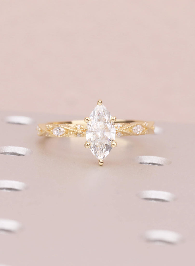 Art Deco Marquise Lab Diamond Engagement Ring, 18K Yellow Gold Classic Milgrain IGI Certified Ethical Diamond Handmade Wedding Proposal Ring image #4