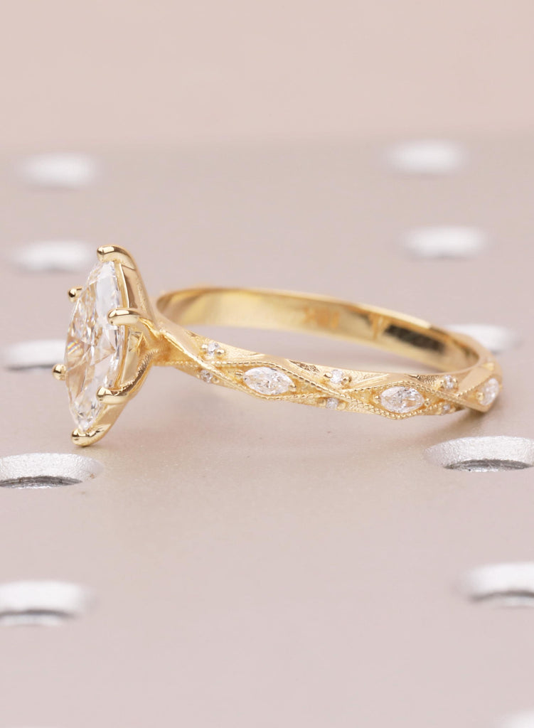 Art Deco Marquise Lab Diamond Engagement Ring, 18K Yellow Gold Classic Milgrain IGI Certified Ethical Diamond Handmade Wedding Proposal Ring image #8