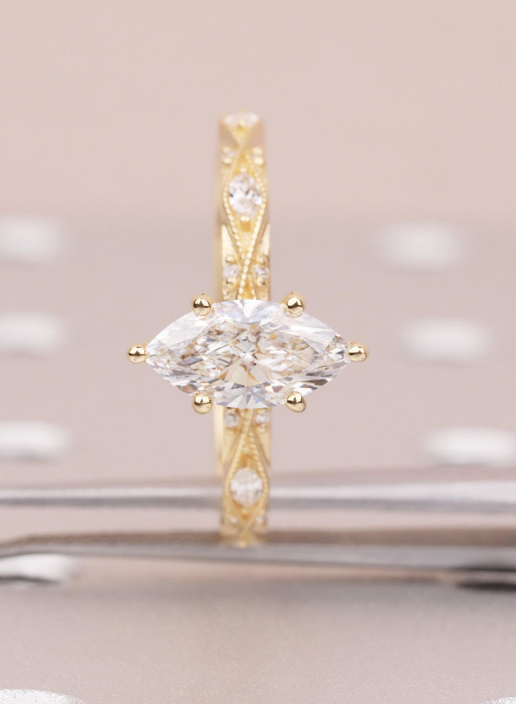 Art Deco Marquise Lab Diamond Engagement Ring, 18K Yellow Gold Classic Milgrain IGI Certified Ethical Diamond Handmade Wedding Proposal Ring image #3