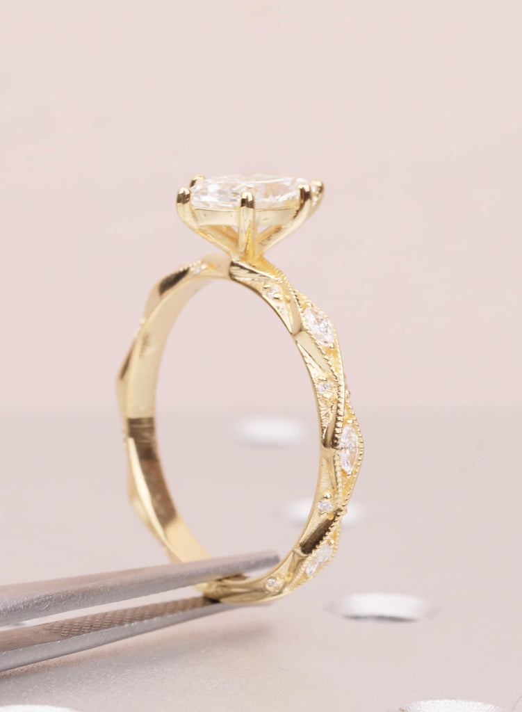 Art Deco Marquise Lab Diamond Engagement Ring, 18K Yellow Gold Classic Milgrain IGI Certified Ethical Diamond Handmade Wedding Proposal Ring image #11