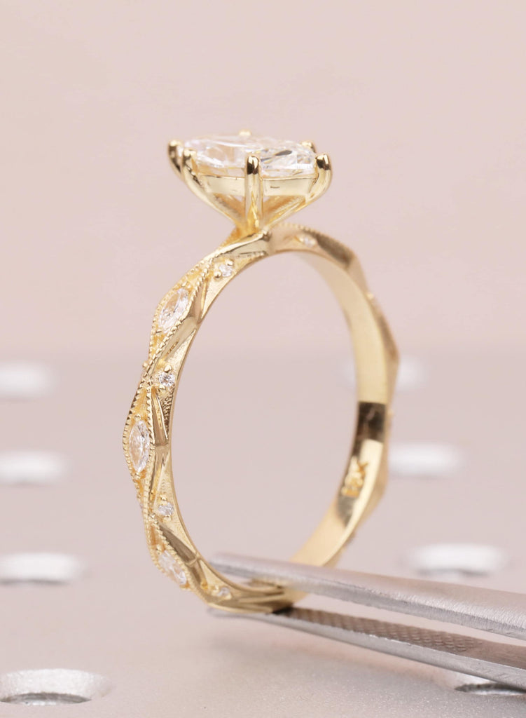 Art Deco Marquise Lab Diamond Engagement Ring, 18K Yellow Gold Classic Milgrain IGI Certified Ethical Diamond Handmade Wedding Proposal Ring image #13