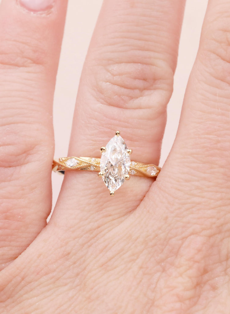 Art Deco Marquise Lab Diamond Engagement Ring, 18K Yellow Gold Classic Milgrain IGI Certified Ethical Diamond Handmade Wedding Proposal Ring image #14