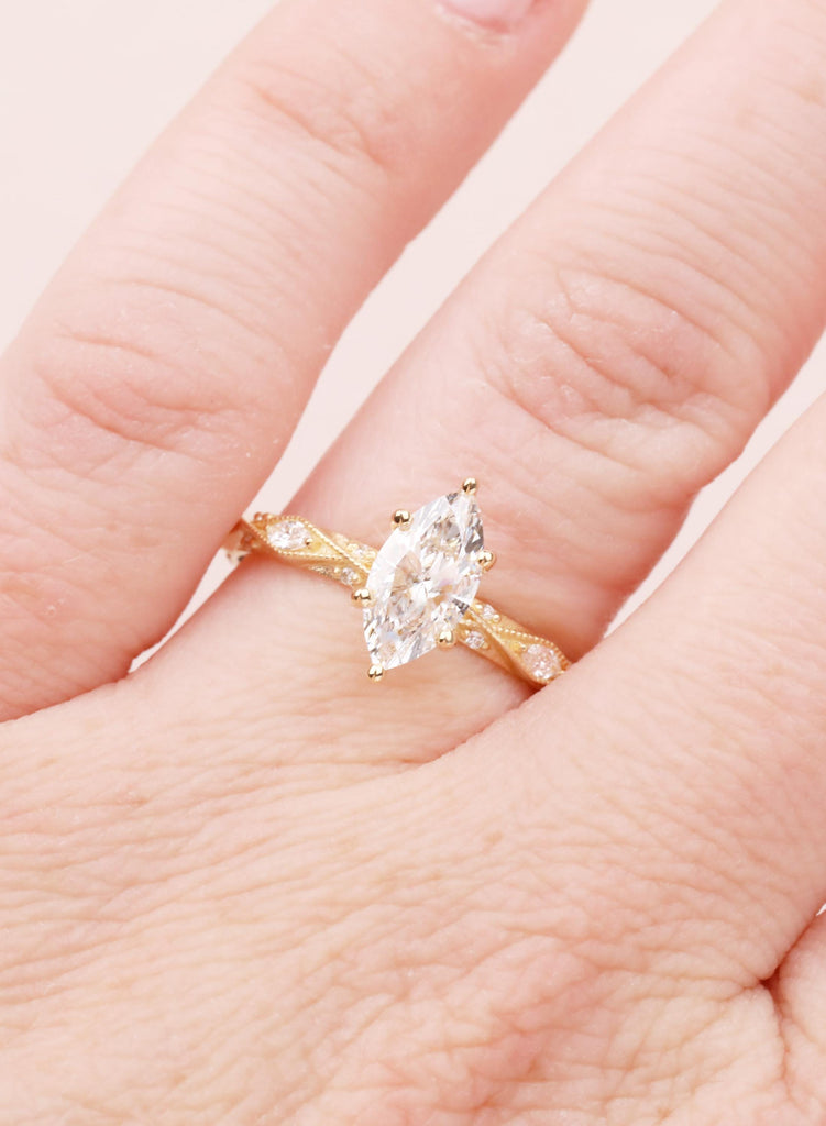 Art Deco Marquise Lab Diamond Engagement Ring, 18K Yellow Gold Classic Milgrain IGI Certified Ethical Diamond Handmade Wedding Proposal Ring image #16