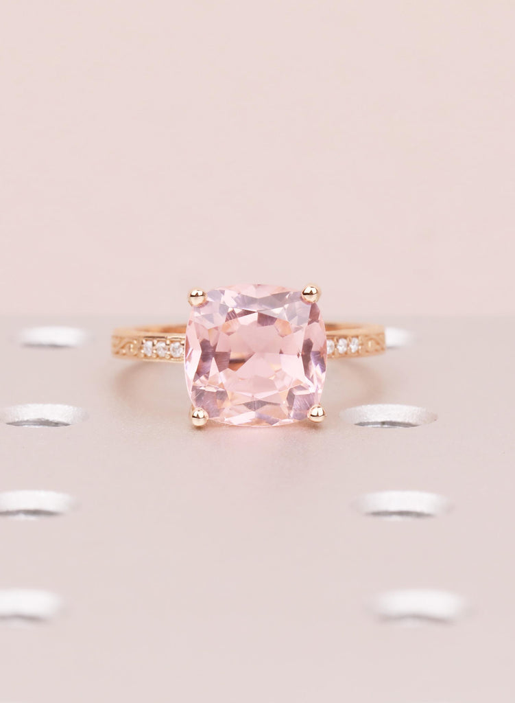 Cushion Cut Morganite Engagement Ring Vintage Filigree Engraved Band 18K Rose Gold Diamond or Moissanite Side, Peach Pink Lab Morganite Ring
