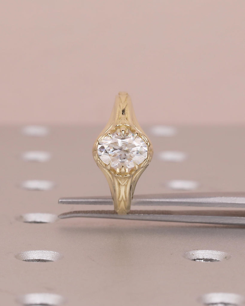 1ct Oval Moissanite Ring, Antique Filigree Engagement Ring, 14k Yellow Gold Solitaire Ring, Scrollwork Ring, Vintage Wedding Ring Women image #5