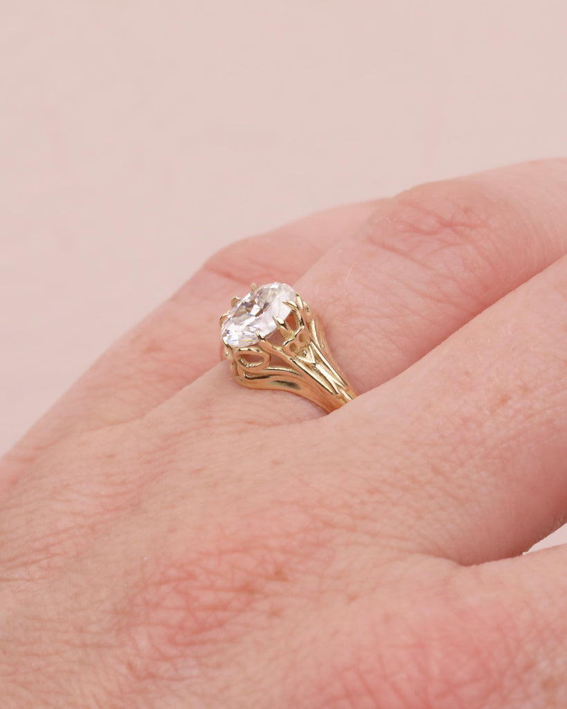 1ct Oval Moissanite Ring, Antique Filigree Engagement Ring, 14k Yellow Gold Solitaire Ring, Scrollwork Ring, Vintage Wedding Ring Women image #10