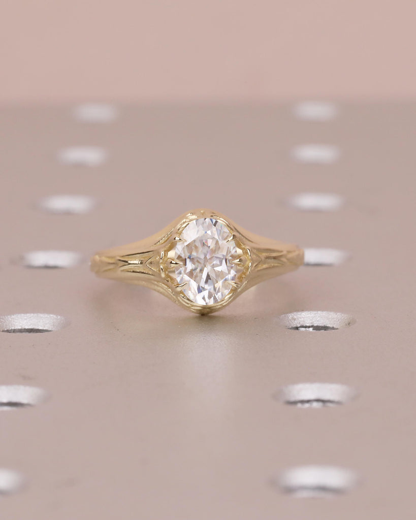 1ct Oval Moissanite Ring, Antique Filigree Engagement Ring, 14k Yellow Gold Solitaire Ring, Scrollwork Ring, Vintage Wedding Ring Women image #9