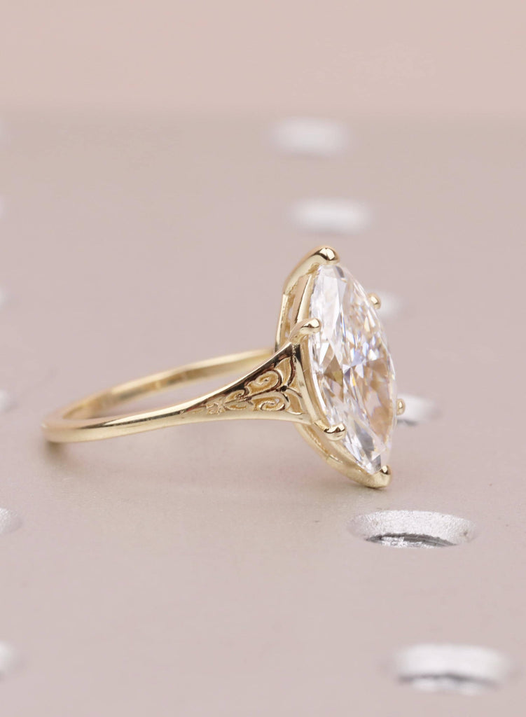 Marquise Lab Diamond Engagement Ring, Vintage Inspired Victorian Heirloom Filigree Wedding Anniversary Ring, 14K Yellow Gold Rings For Woman image #2
