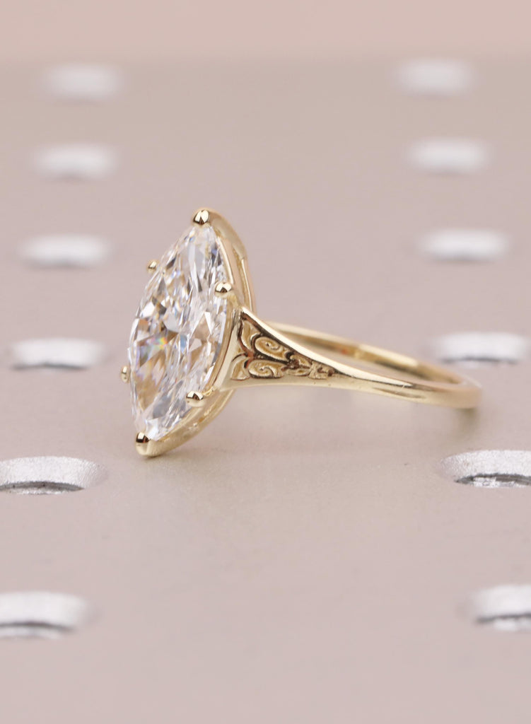 Marquise Lab Diamond Engagement Ring, Vintage Inspired Victorian Heirloom Filigree Wedding Anniversary Ring, 14K Yellow Gold Rings For Woman image #6