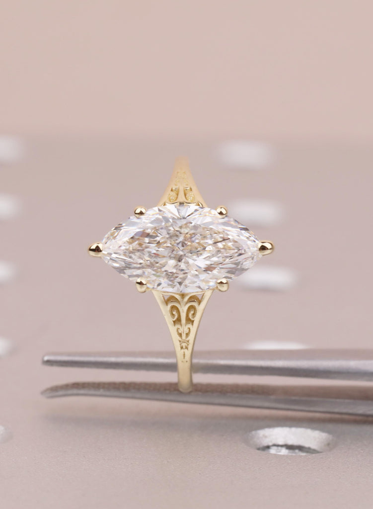 Marquise Lab Diamond Engagement Ring, Vintage Inspired Victorian Heirloom Filigree Wedding Anniversary Ring, 14K Yellow Gold Rings For Woman image #10