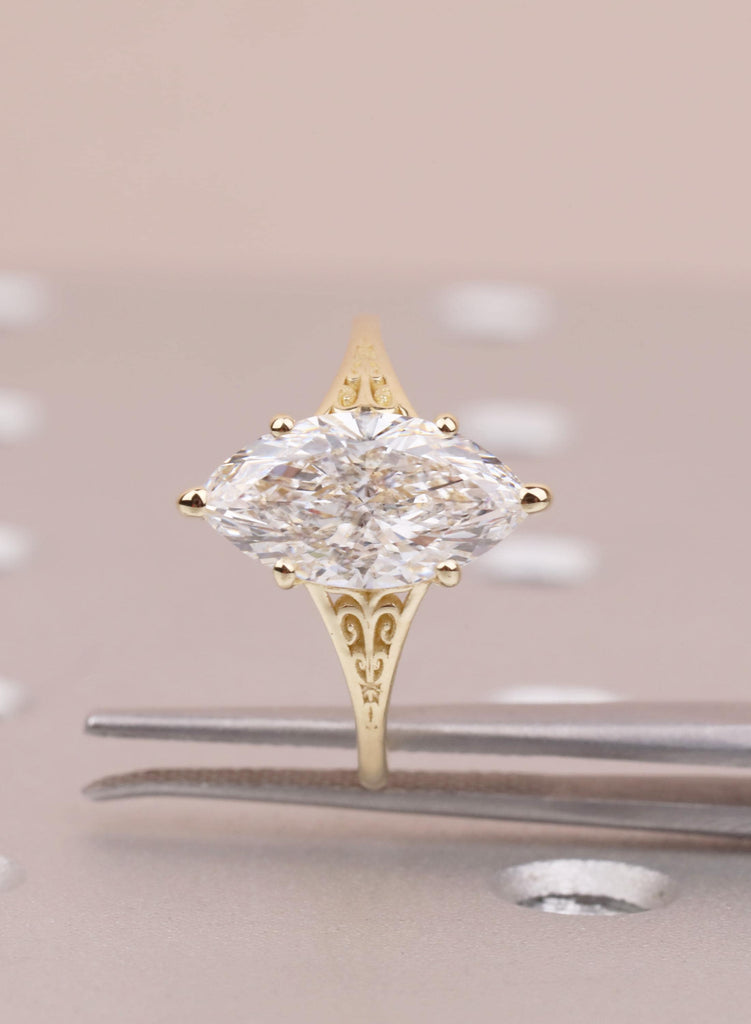 Vintage Style Lab Grown Diamond Ring, 14K Yellow Gold Filigree Victorian Heirloom Marquise Engagement Ring image #11