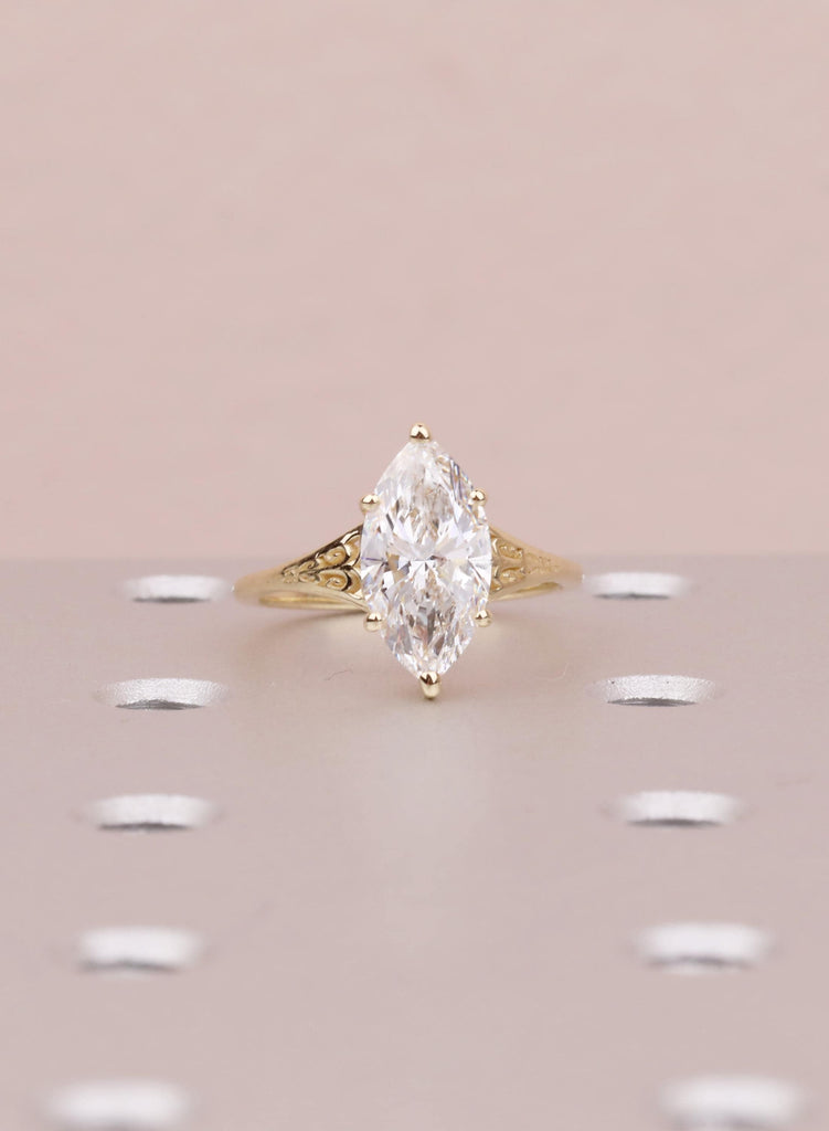 Marquise Lab Diamond Engagement Ring, Vintage Inspired Victorian Heirloom Filigree Wedding Anniversary Ring, 14K Yellow Gold Rings For Woman image #8