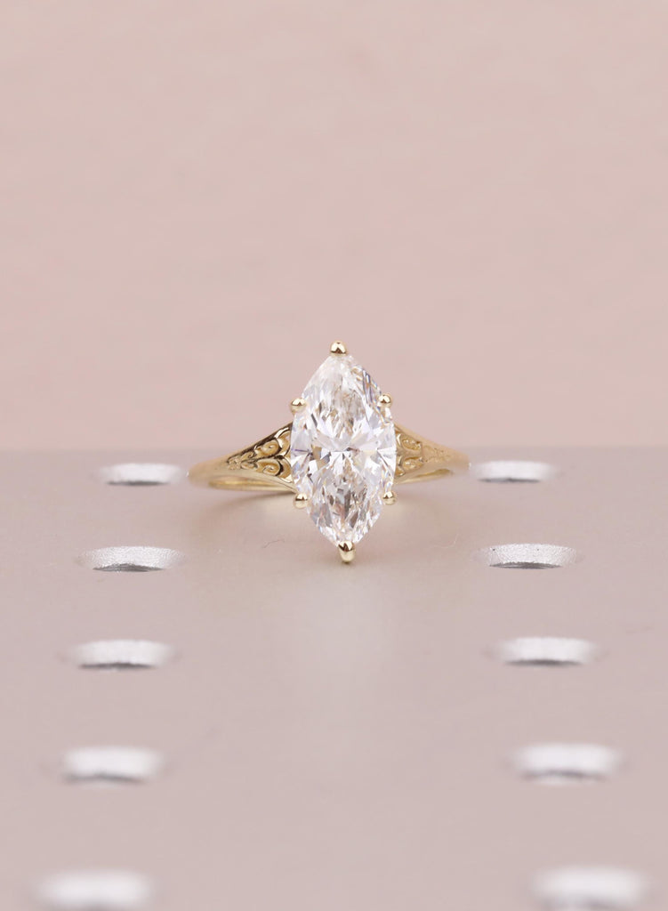 Victorian Marquise Moissanite Engagement Ring, 14K Yellow Gold Filigree Wedding Ring, Vintage Heirloom Bridal Ring, Art Deco Antique Ring image #3