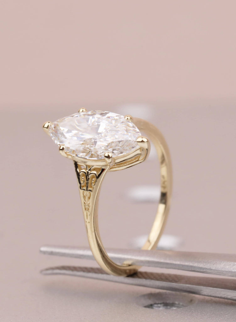 Victorian Marquise Moissanite Engagement Ring, 14K Yellow Gold Filigree Wedding Ring, Vintage Heirloom Bridal Ring, Art Deco Antique Ring image #2
