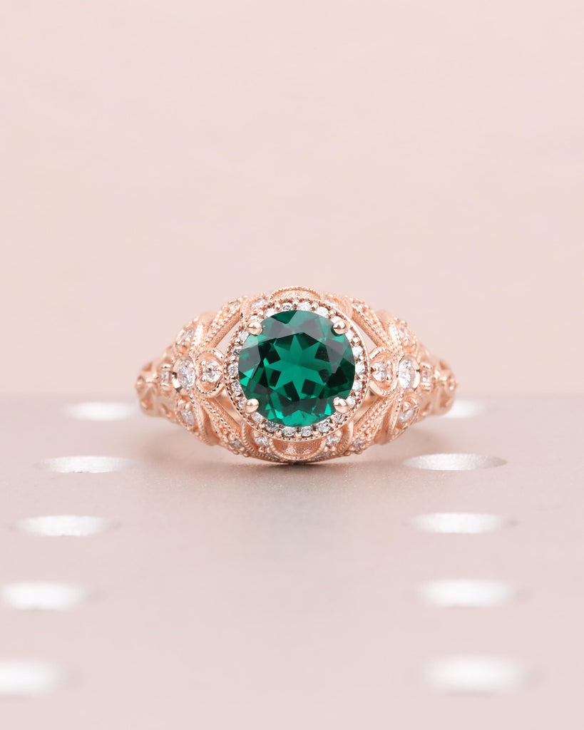 Women's Antique Emerald & Diamond Engagement Ring, Solid Rose Gold Victorian Floral Leaf Filigree Wedding Ring, Edwardian Ring, Diamond Halo