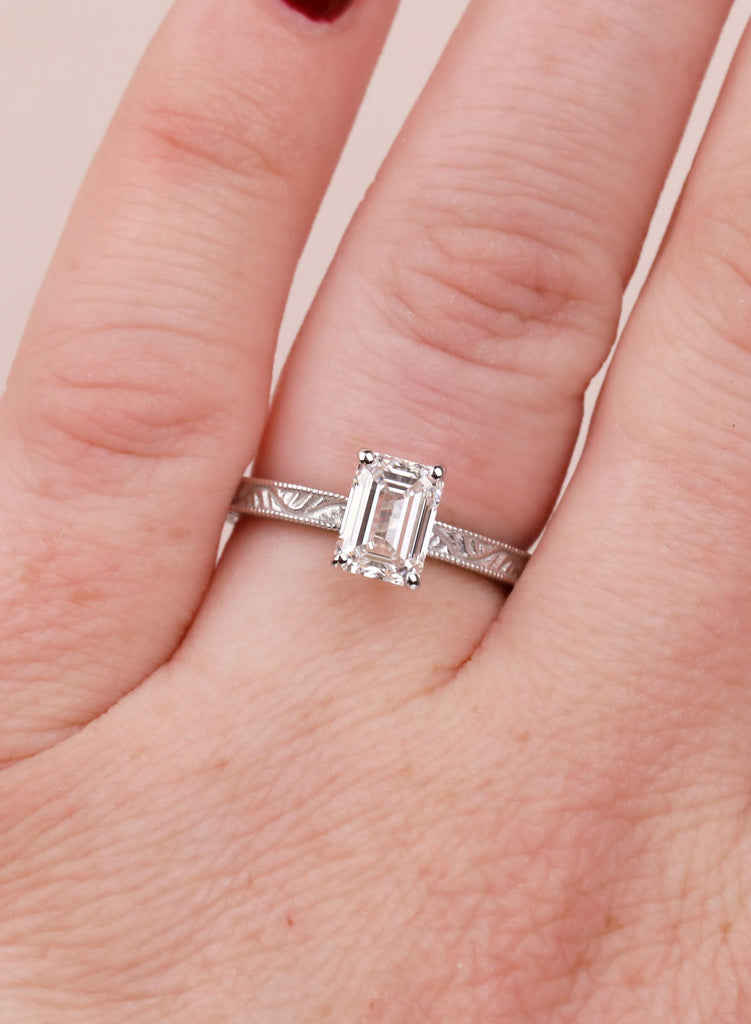 14K Solid Gold Emerald Cut Moissanite Engagement Ring, Vintage Art Deco Engraved Solitaire Ring, Anniversary Ring for Her, Handmade Jewelry image #7