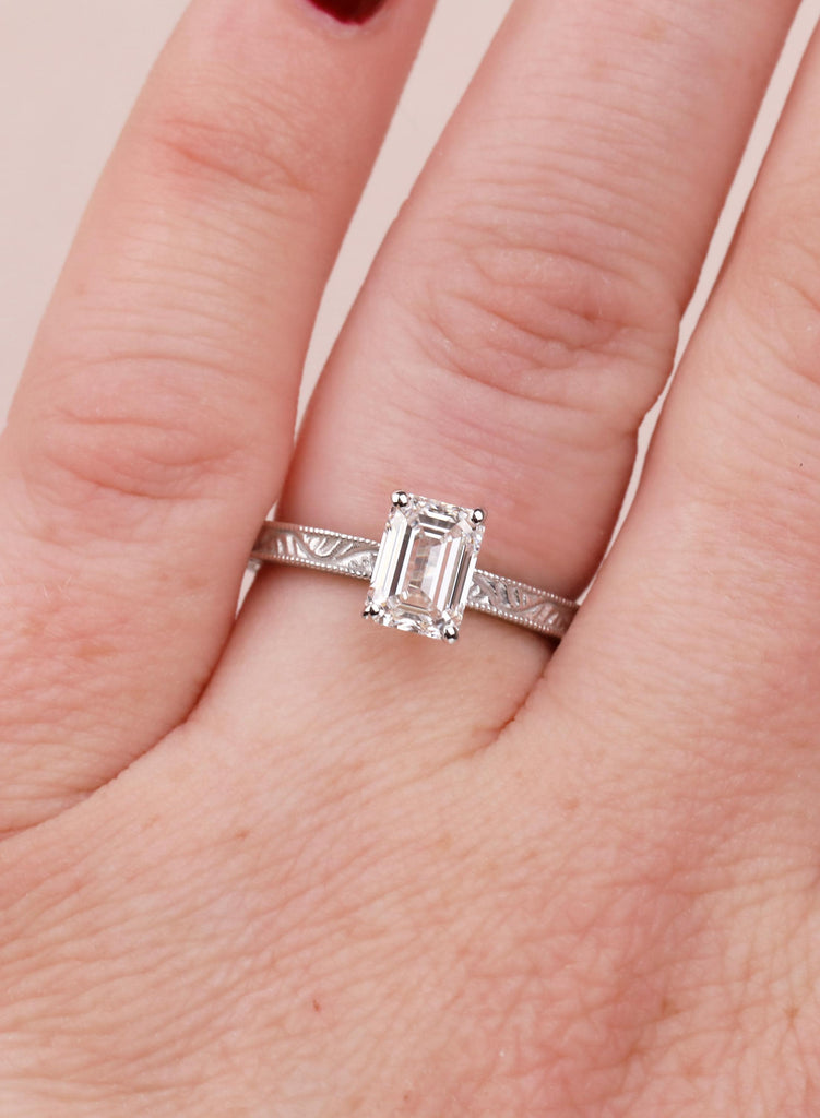 Vintage Emerald Cut Moissanite Engagement Ring, Art Deco 14K Solid Gold Solitaire Wedding Ring