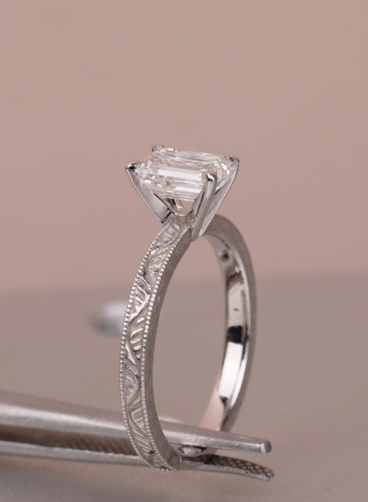 14K Solid Gold Emerald Cut Moissanite Engagement Ring, Vintage Art Deco Engraved Solitaire Ring, Anniversary Ring for Her, Handmade Jewelry image #3