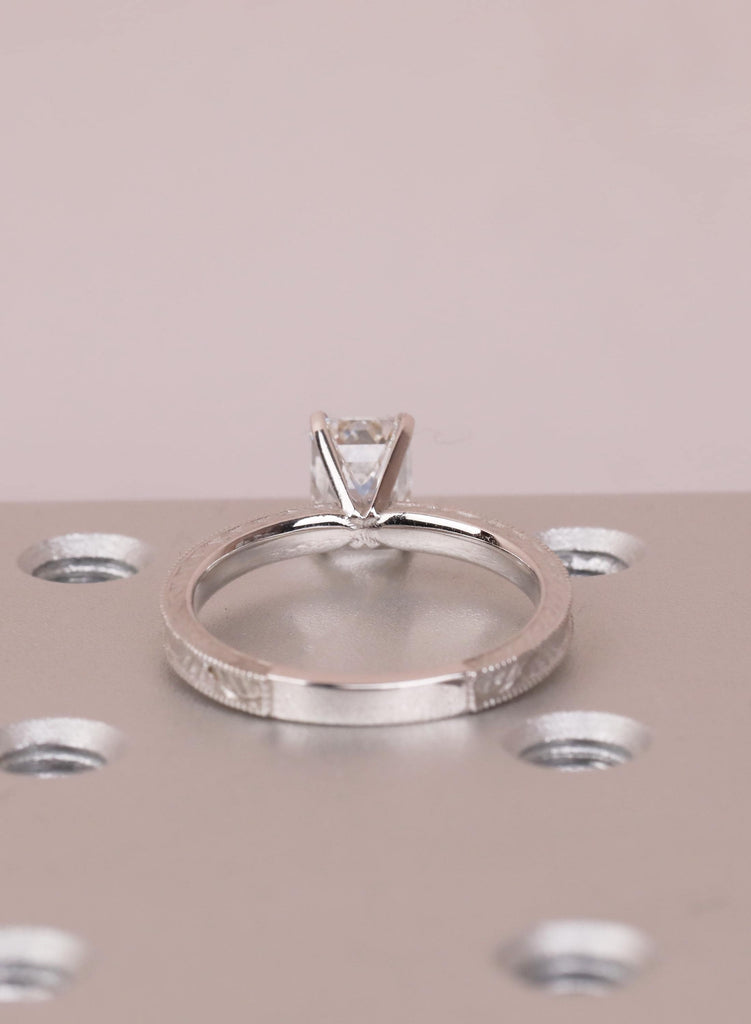 14K Solid Gold Emerald Cut Moissanite Engagement Ring, Vintage Art Deco Engraved Solitaire Ring, Anniversary Ring for Her, Handmade Jewelry image #11