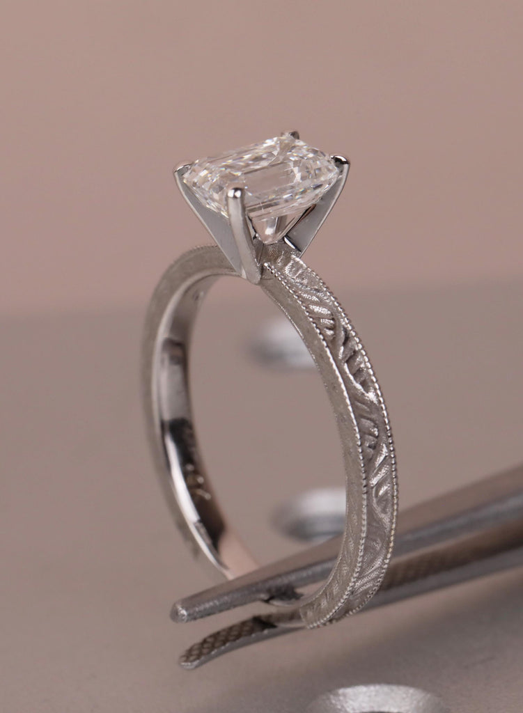 IGI Certified Emerald Cut Lab Diamond Engagement Ring, 14K White Gold Vintage Hand Engraved Solitaire, Art Deco Antique Ring, Proposal Ring image #7
