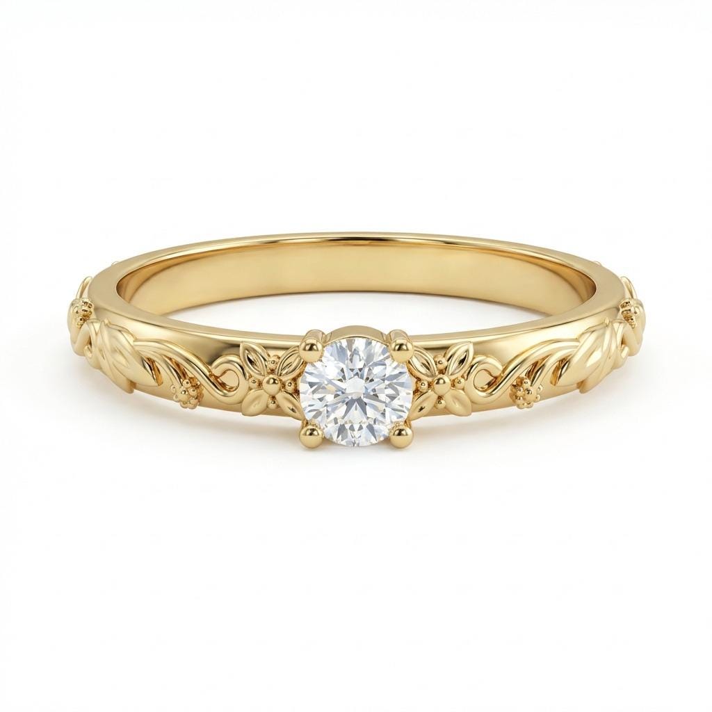 Nature Inspired Moissanite Engraved Floral Wedding Ring | Gold Vintage Leaf Wedding Band | Solitaire Lab Diamond Promise Rings for Women image #3