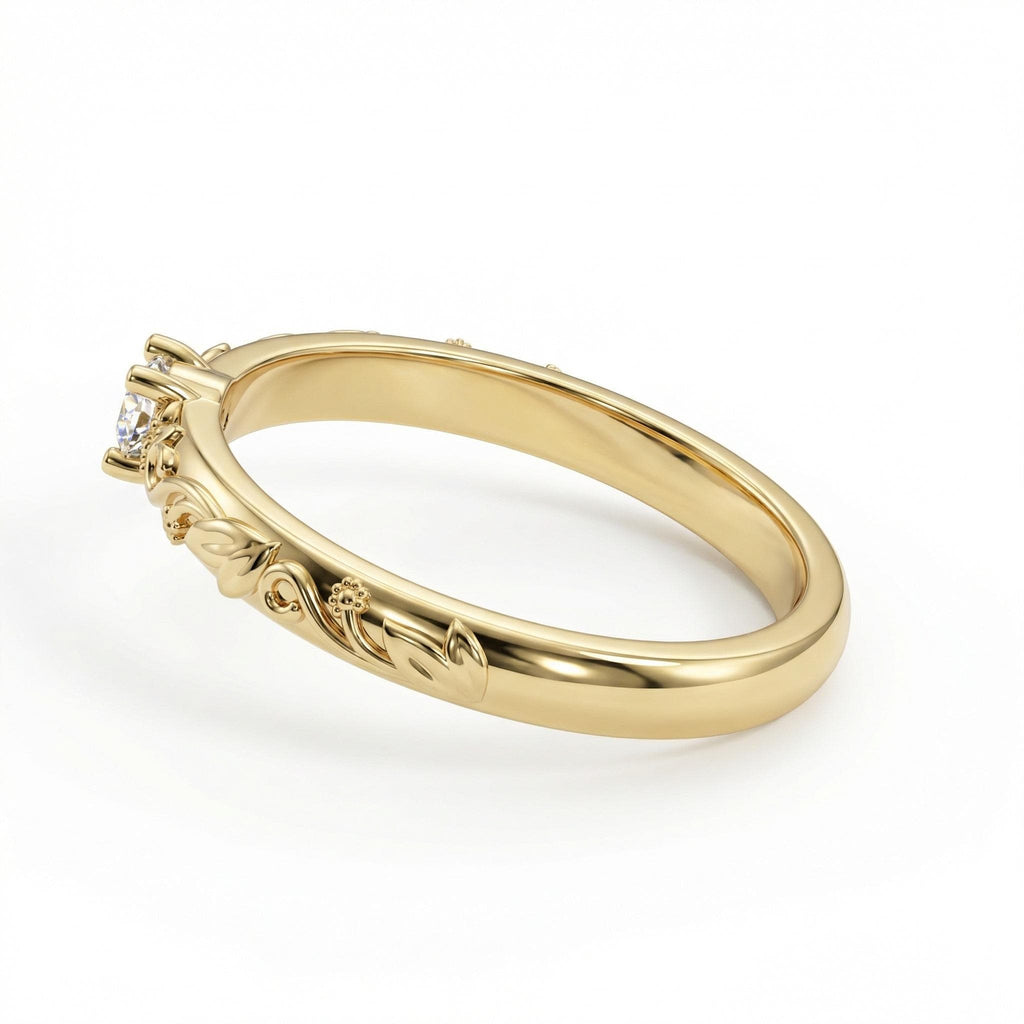 Nature Inspired Moissanite Engraved Floral Wedding Ring | Gold Vintage Leaf Wedding Band | Solitaire Lab Diamond Promise Rings for Women image #5