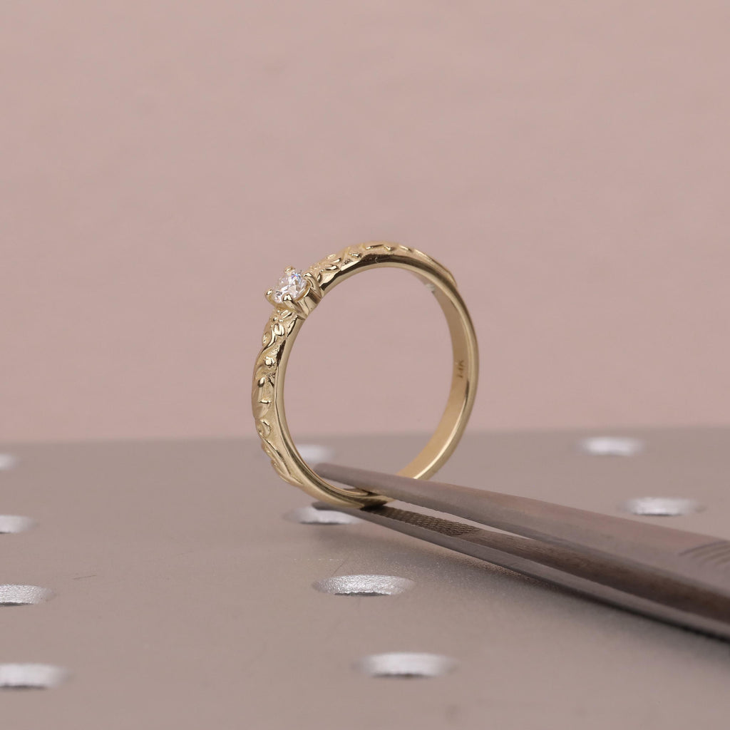 Nature Inspired Moissanite Engraved Floral Wedding Ring | Gold Vintage Leaf Wedding Band | Solitaire Lab Diamond Promise Rings for Women image #8