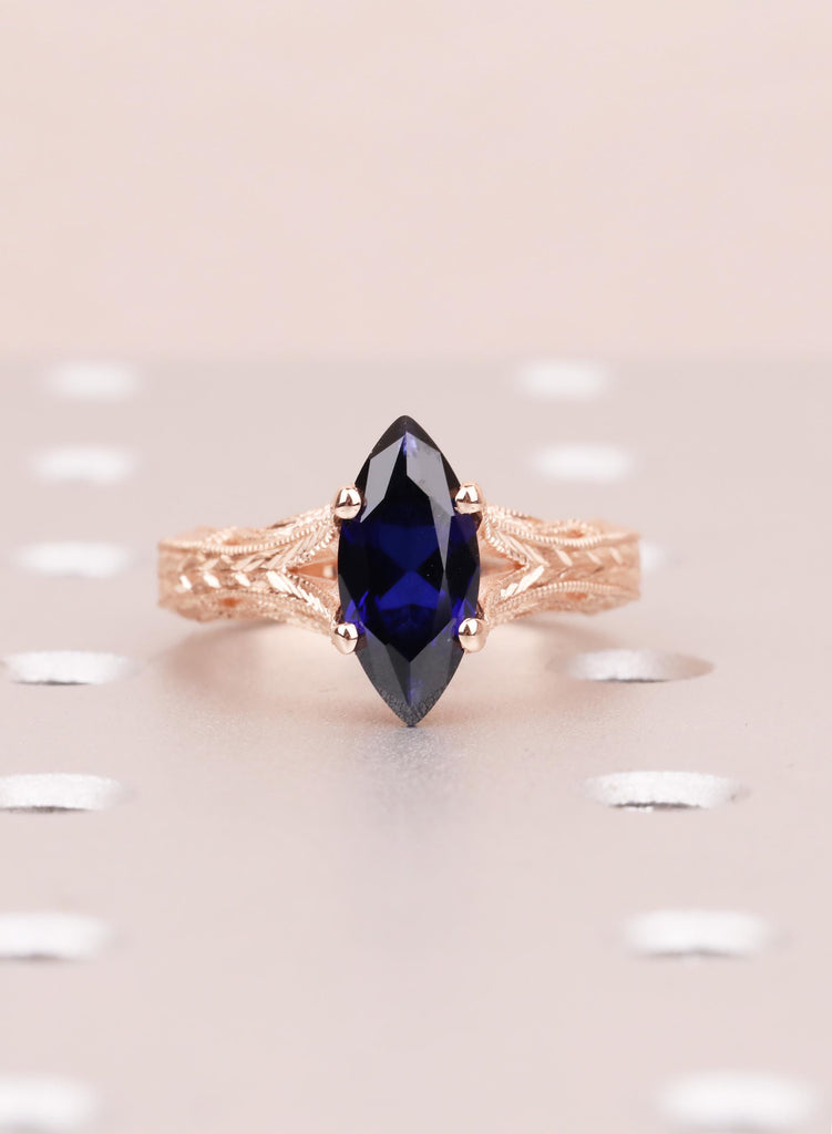 Blue Sapphire Marquise Engagement Ring, Custom Made Solid Gold Wedding Promise Vintage Ring, Hand Engraved Ring, Milgrain Birthstone Jewelry