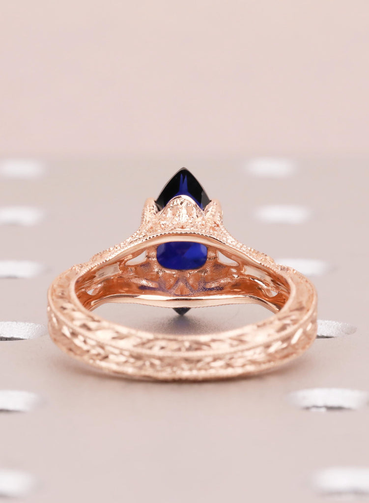 Blue Sapphire Marquise Engagement Ring, Custom Made Solid Gold Wedding Promise Vintage Ring, Hand Engraved Ring, Milgrain Birthstone Jewelry image #5