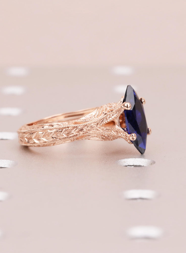 Blue Sapphire Marquise Engagement Ring, Custom Made Solid Gold Wedding Promise Vintage Ring, Hand Engraved Ring, Milgrain Birthstone Jewelry image #6