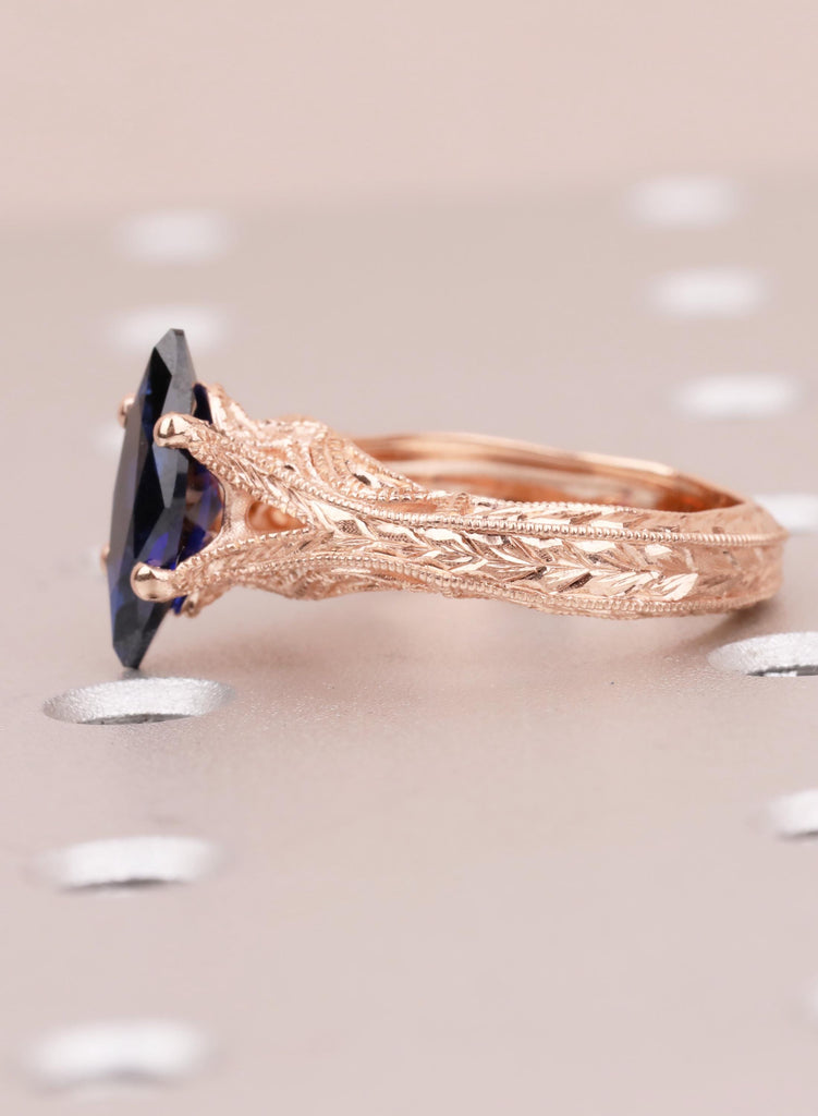 Blue Sapphire Marquise Engagement Ring, Custom Made Solid Gold Wedding Promise Vintage Ring, Hand Engraved Ring, Milgrain Birthstone Jewelry image #15