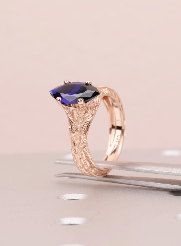 Blue Sapphire Marquise Engagement Ring, Custom Made Solid Gold Wedding Promise Vintage Ring, Hand Engraved Ring, Milgrain Birthstone Jewelry image #2