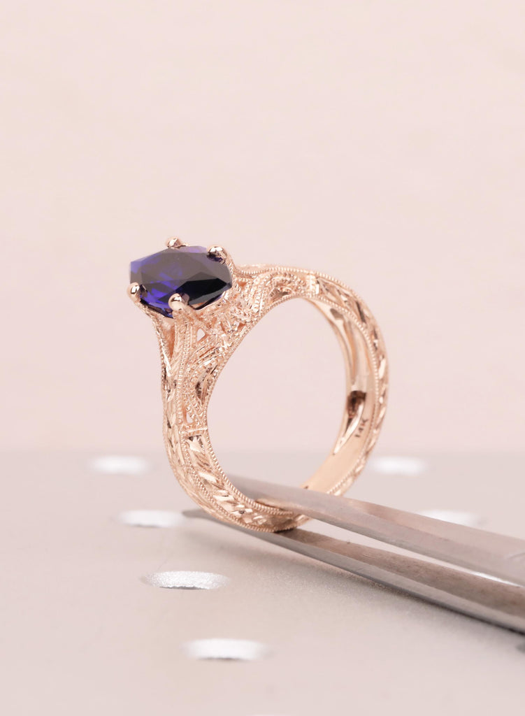 Blue Sapphire Marquise Engagement Ring, Custom Made Solid Gold Wedding Promise Vintage Ring, Hand Engraved Ring, Milgrain Birthstone Jewelry image #11