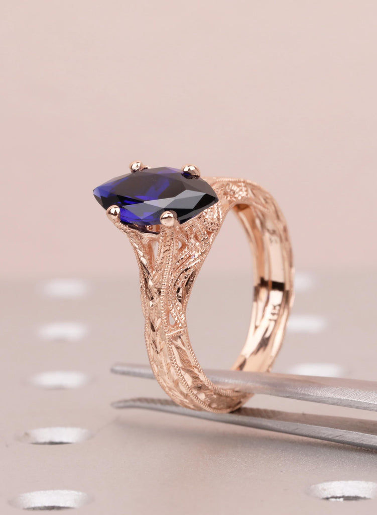 Blue Sapphire Marquise Engagement Ring, Custom Made Solid Gold Wedding Promise Vintage Ring, Hand Engraved Ring, Milgrain Birthstone Jewelry image #13