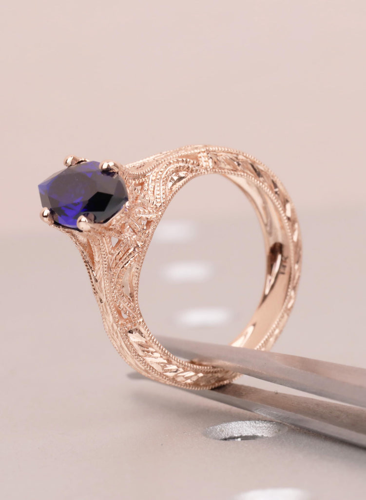 Blue Sapphire Marquise Engagement Ring, Custom Made Solid Gold Wedding Promise Vintage Ring, Hand Engraved Ring, Milgrain Birthstone Jewelry image #9