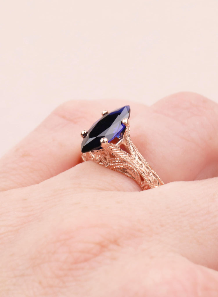 Blue Sapphire Marquise Engagement Ring, Custom Made Solid Gold Wedding Promise Vintage Ring, Hand Engraved Ring, Milgrain Birthstone Jewelry image #4