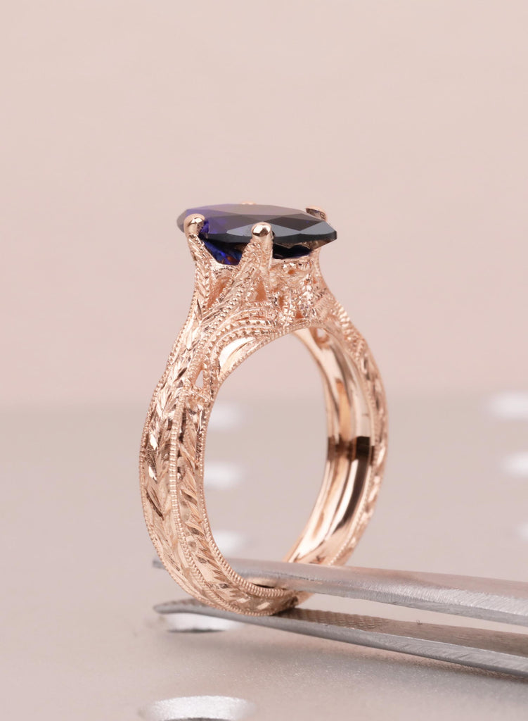 Blue Sapphire Marquise Engagement Ring, Custom Made Solid Gold Wedding Promise Vintage Ring, Hand Engraved Ring, Milgrain Birthstone Jewelry image #16