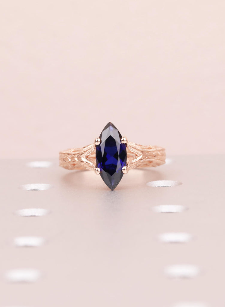 Blue Sapphire Marquise Engagement Ring, Custom Made Solid Gold Wedding Promise Vintage Ring, Hand Engraved Ring, Milgrain Birthstone Jewelry image #12
