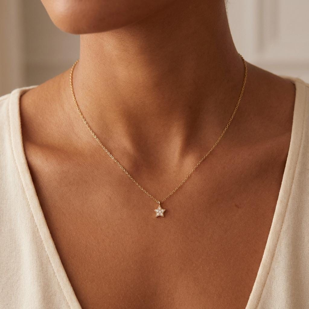 Round Diamond Necklace | Star Charm Necklace | Tiny Star Diamond Choker 14k Gold Necklace | Diamond Choker Necklace, Genuine Diamond Pendant