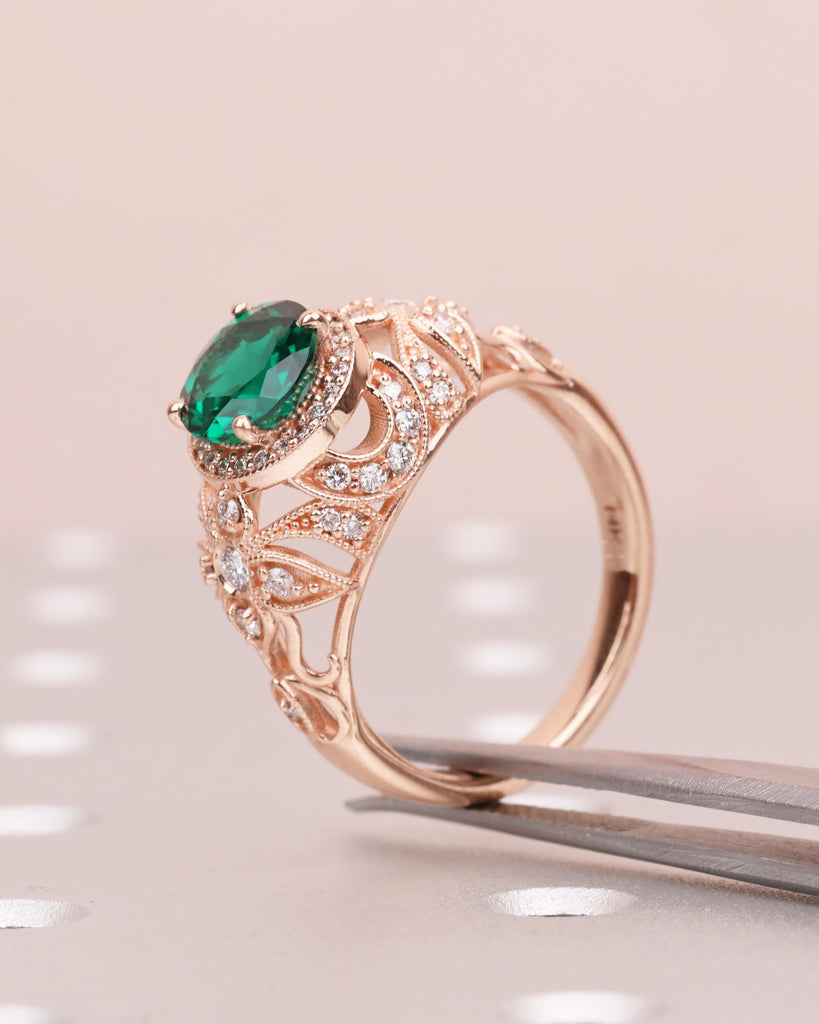 Vintage Emerald Diamond Engagement Ring, 14K Rose Gold, Emerald Ring, Halo Ring, Edwardian Ring, Statement Art Deco Jewelry, May Birthstone