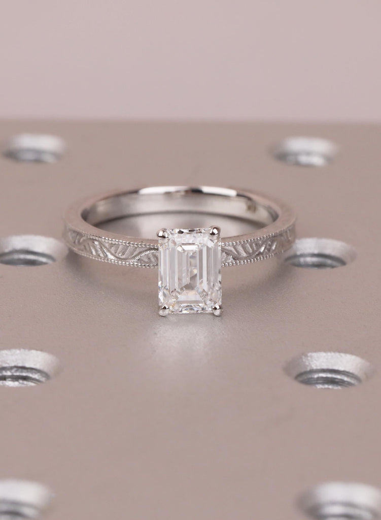 IGI Certified Emerald Cut Lab Diamond Engagement Ring, 14K White Gold Vintage Hand Engraved Solitaire, Art Deco Antique Ring, Proposal Ring image #9