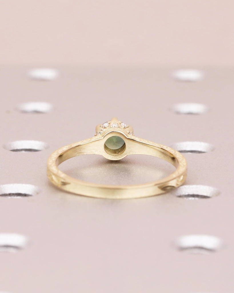 Peacock Green Sapphire Engagement Ring: 0.5CT Round Cut Teal Sapphire, Hidden Halo, Filigree, Solid Gold, Anniversary Gift image #8