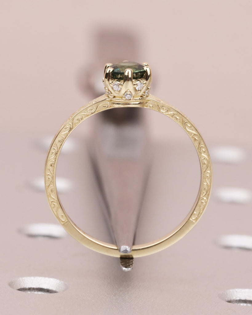 Peacock Green Sapphire Engagement Ring: 0.5CT Round Cut Teal Sapphire, Hidden Halo, Filigree, Solid Gold, Anniversary Gift image #5