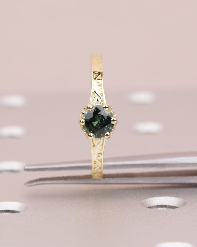 Peacock Green Sapphire Engagement Ring: 0.5CT Round Cut Teal Sapphire, Hidden Halo, Filigree, Solid Gold, Anniversary Gift image #9