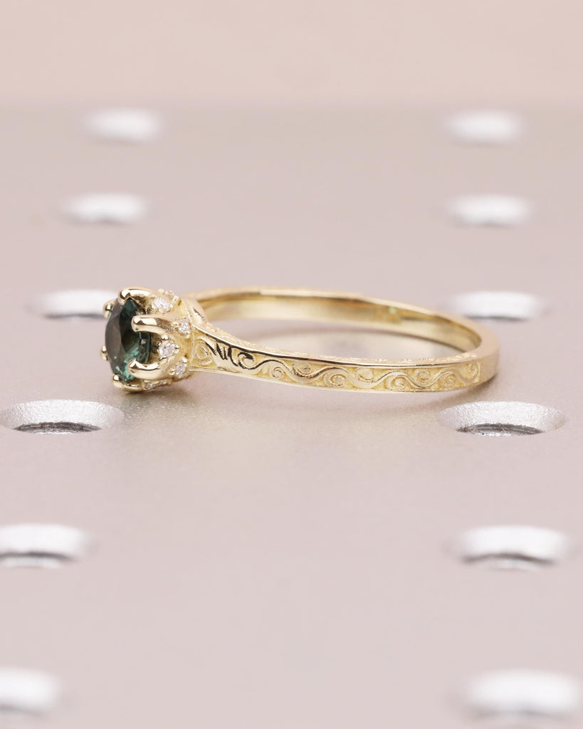 Peacock Green Sapphire Engagement Ring: 0.5CT Round Cut Teal Sapphire, Hidden Halo, Filigree, Solid Gold, Anniversary Gift image #7
