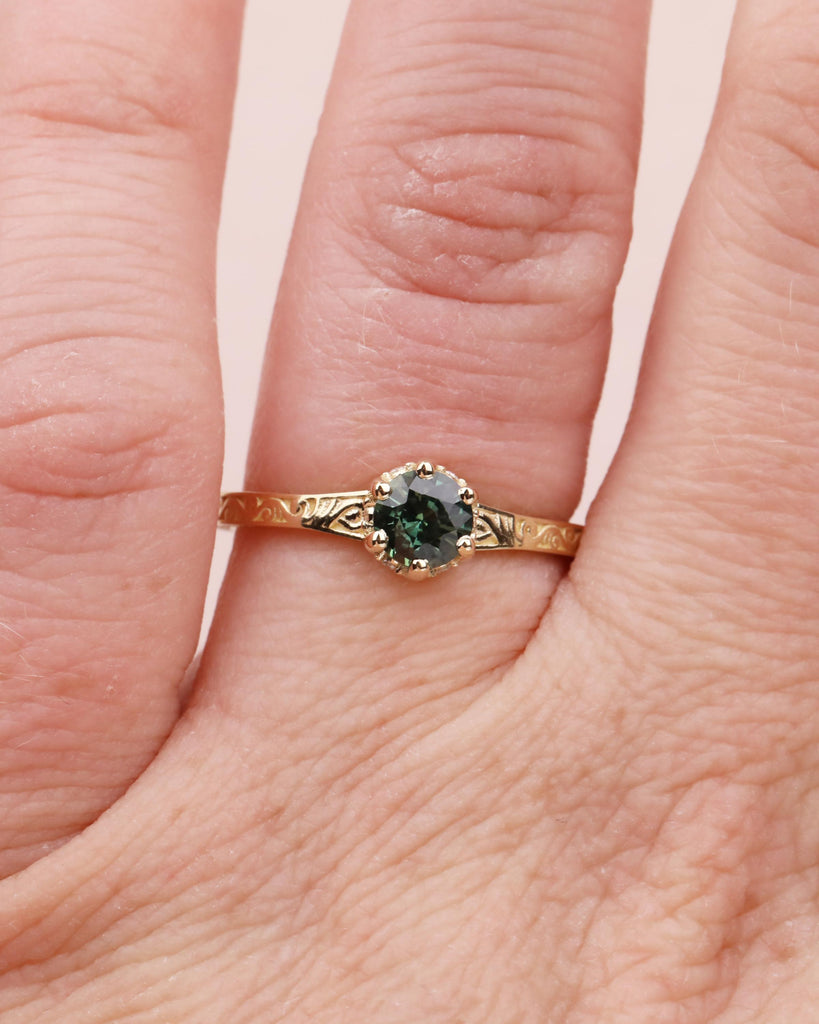 Peacock Green Sapphire Engagement Ring: 0.5CT Round Cut Teal Sapphire, Hidden Halo, Filigree, Solid Gold, Anniversary Gift image #10
