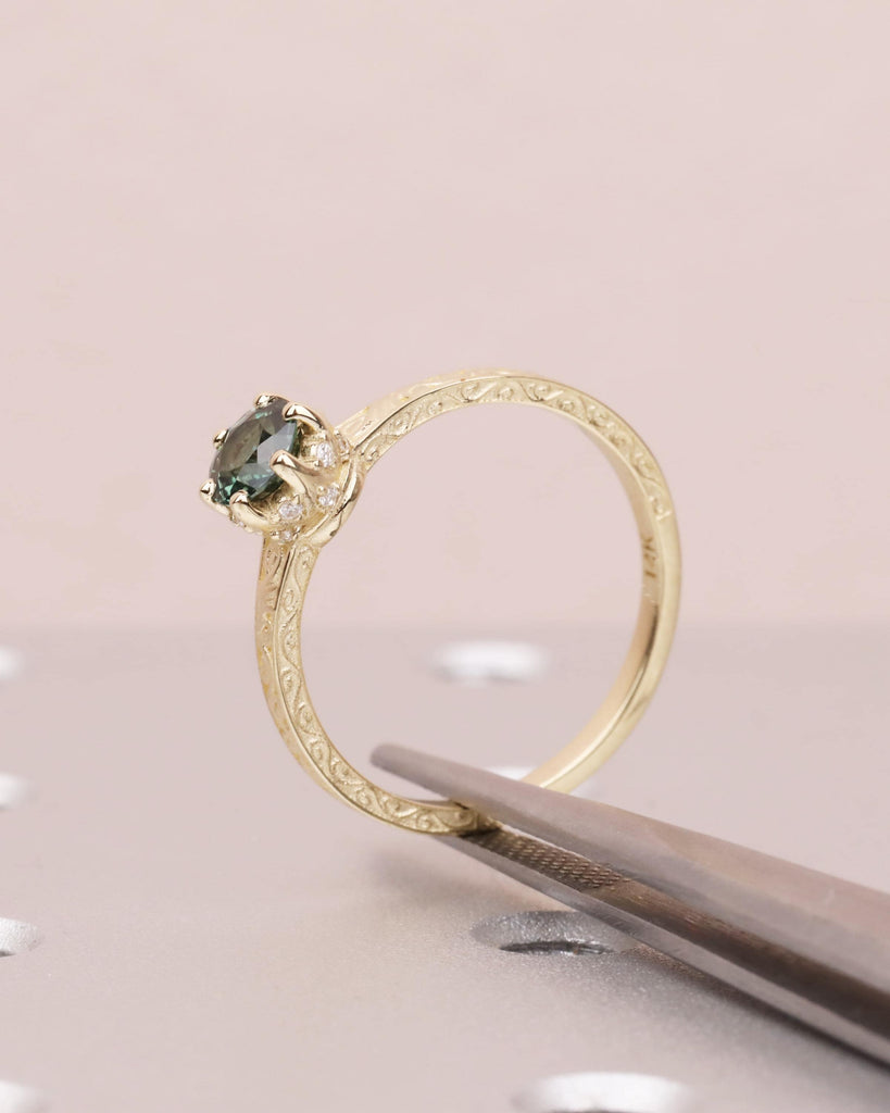 Peacock Green Sapphire Engagement Ring: 0.5CT Round Cut Teal Sapphire, Hidden Halo, Filigree, Solid Gold, Anniversary Gift